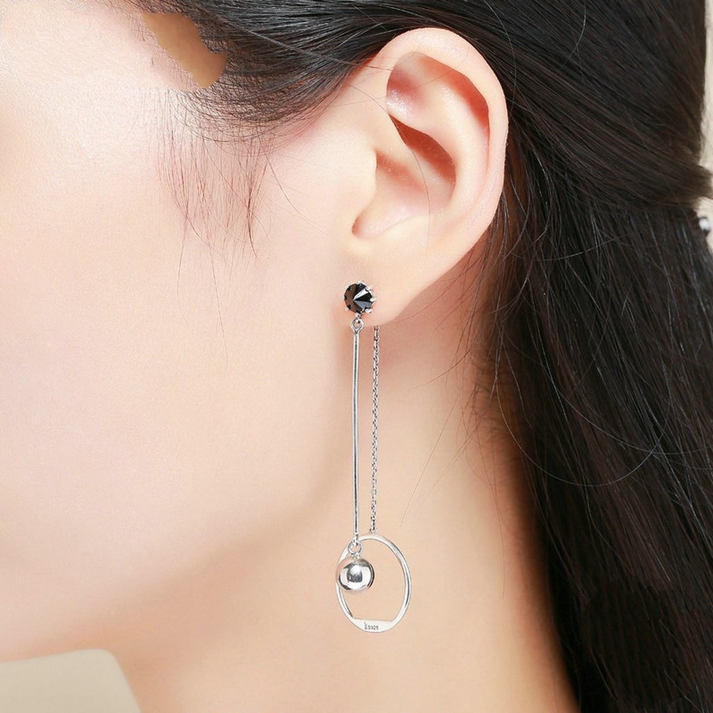 PAHALA 925 Sterling Silver Round Geometric Black Crystal Party Wedding Drop Earrings