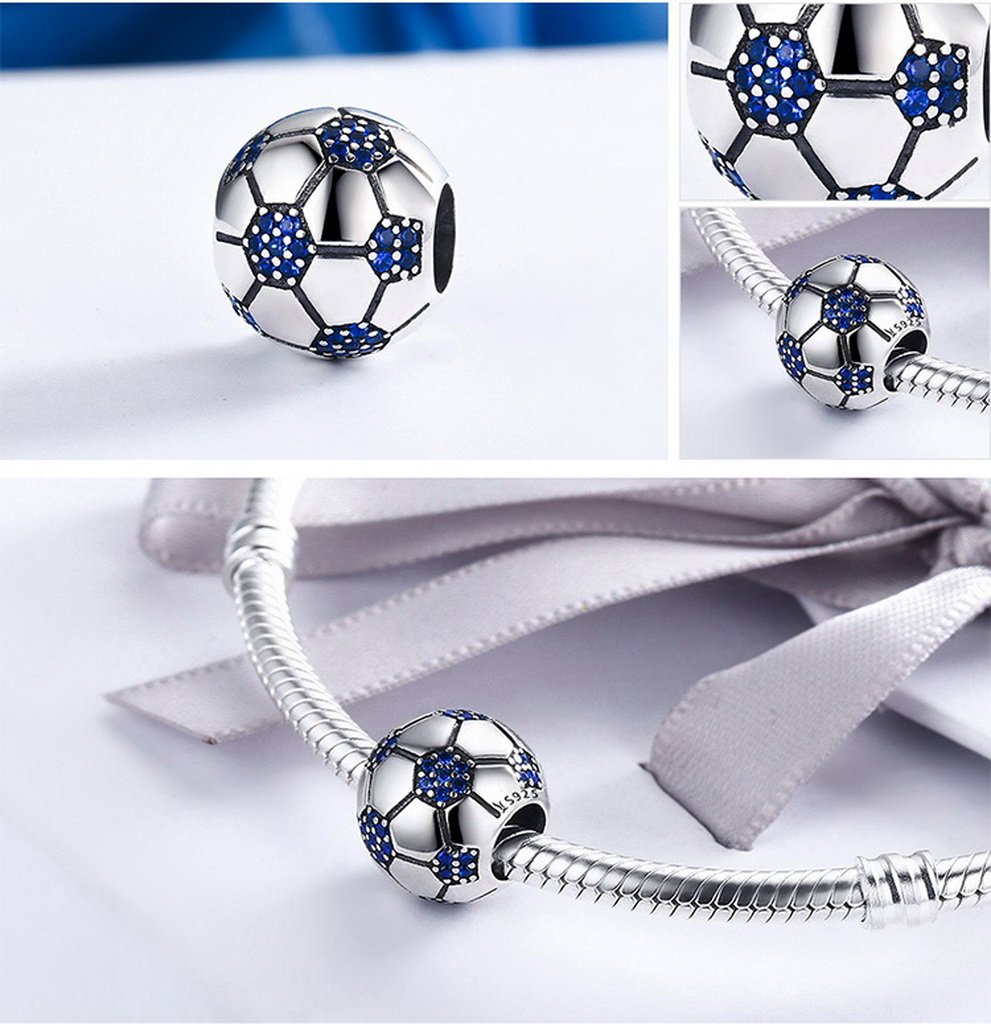 PAHALA 925 Sterling Silver Love Football with Blue Crystals Charms Fit Bracelets Necklace