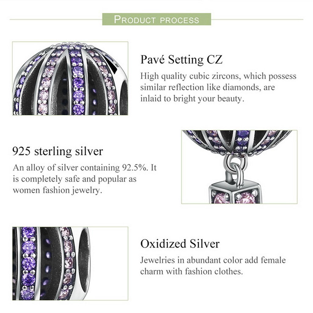 PAHALA 925 Sterling Silver Hot Air Purple Crystals Balloon Charm Bead Fit Bracelet