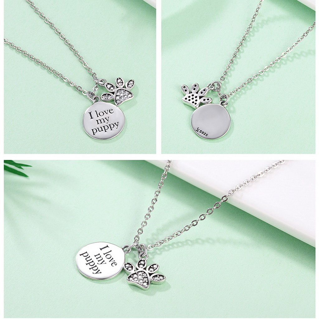 PAHALA 925 Sterling Silver Love My Doggy Footprints with Crystals Pendant Necklace