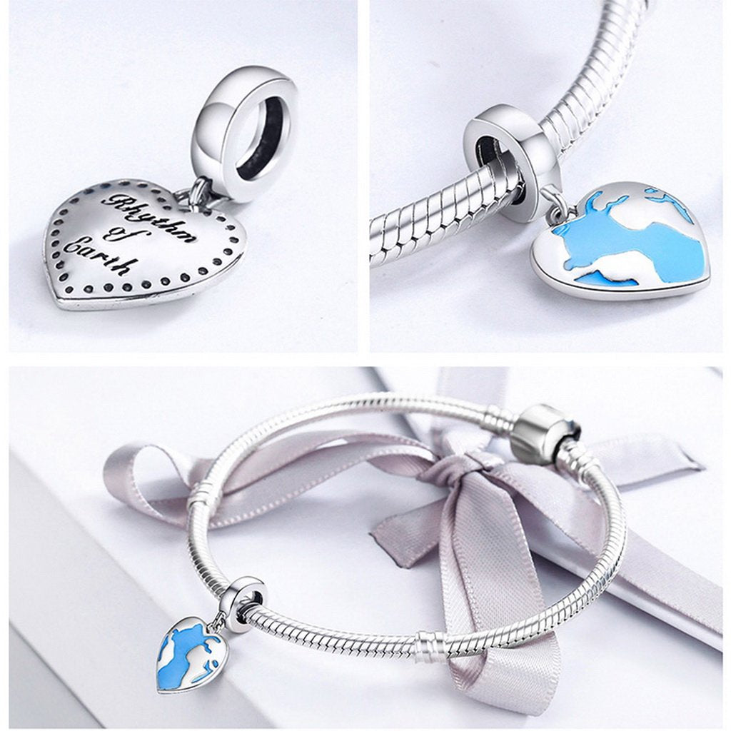 PAHALA 925 Sterling Silver Heart Dream Travel Map with Blue Enamel Charm Bead Fit Bracelet