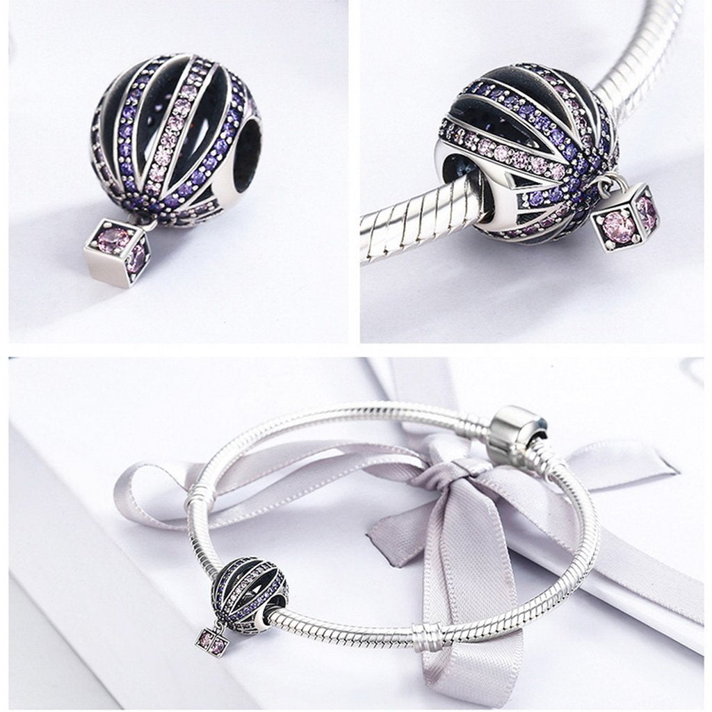 PAHALA 925 Sterling Silver Hot Air Purple Crystals Balloon Charm Bead Fit Bracelet