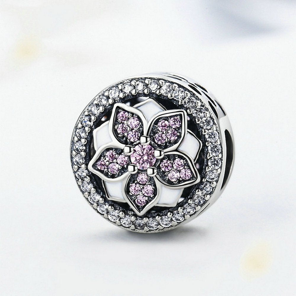 PAHALA 925 Strling Silver Bloom Round with Pink Crystals Charms Fit Bracelets Necklace
