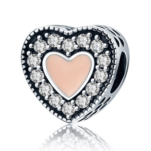 PAHALA 925 Strling Silver Pink Love Enamel with Crystals Charms Fit Bracelets Necklace