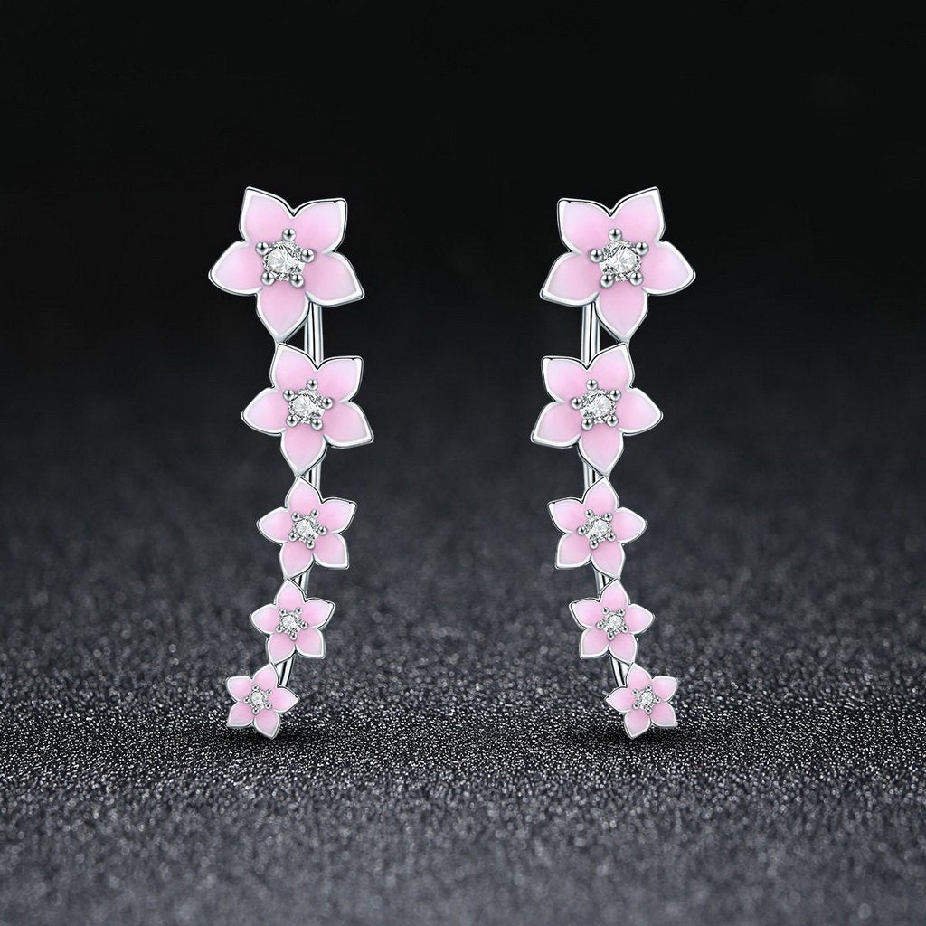 PAHALA 925 Sterling Silver Cherry Flower Pink Enamel Crystal Long Tassel Earrings