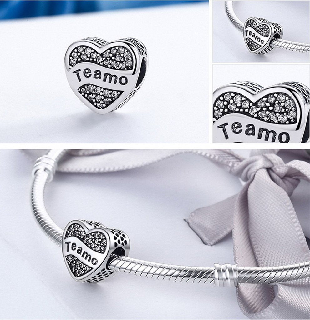PAHALA 925 Sterling Silver Teamo I Love You with Crystals Charms Fit Bracelets Necklace