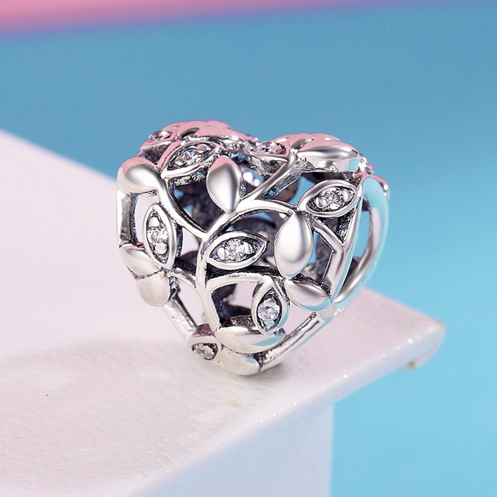 PAHALA 925 Sterling Silver Tree of Leaves Heart Crystals Charm Bead