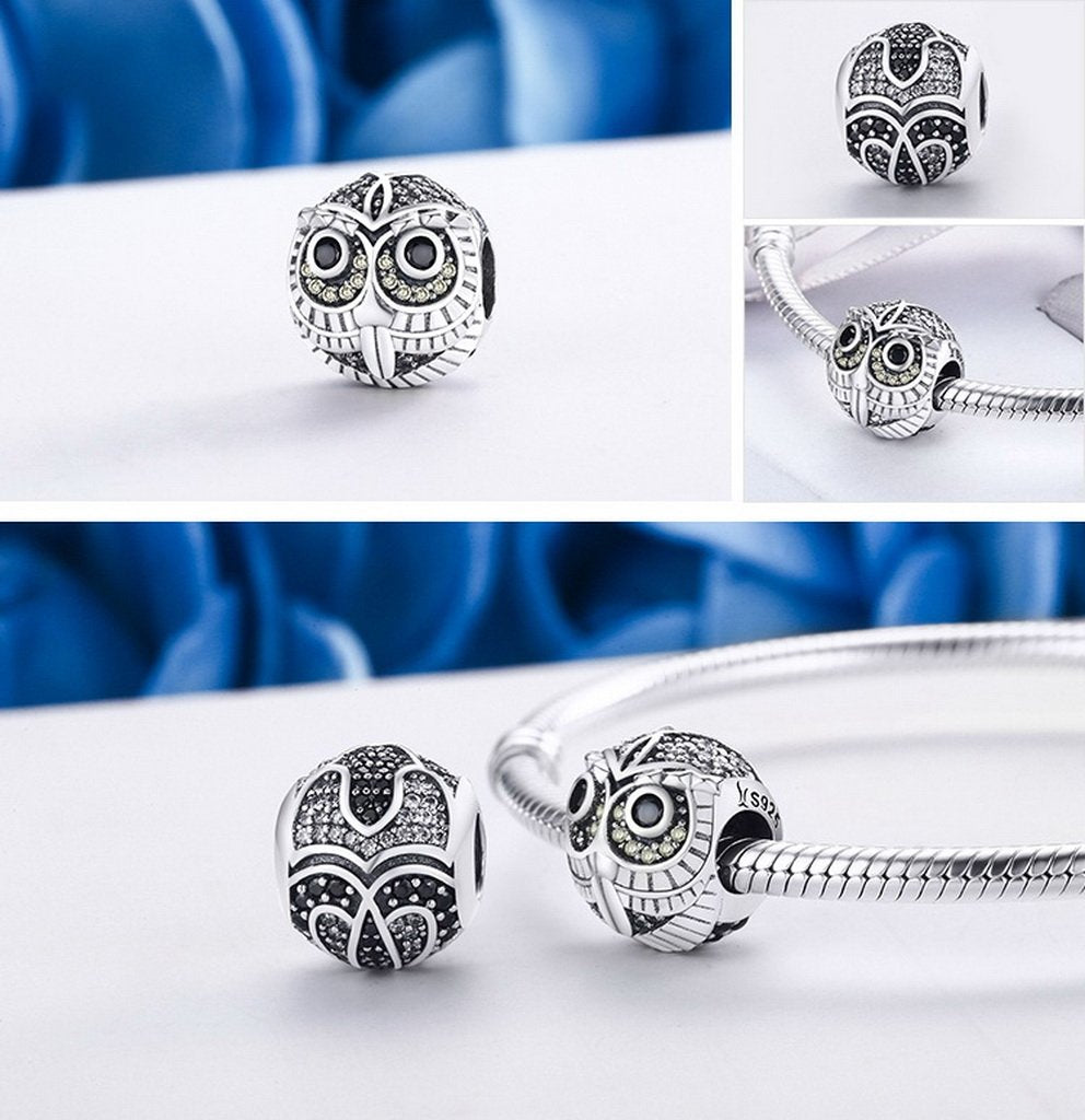 PAHALA 925 Sterling Silver Lovely OWL with Crystals Charms Beads