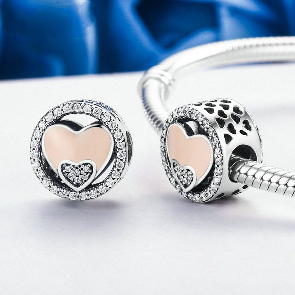 PAHALA 925 Sterling Silver Sweet Heart with Pink Enamel Crystals Charms Fit Bracelets Necklace