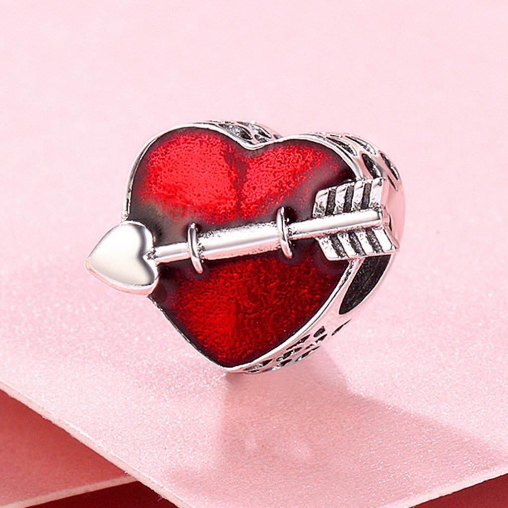 PAHALA 925 Sterling Silver Love Engrave Arrow Heart Red Enamel Charm Bead