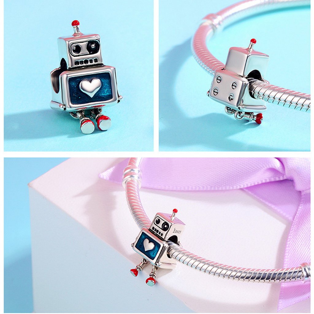 PAHALA 925 Sterling Silver Cute Robot Colorful Enamel Charm Bead