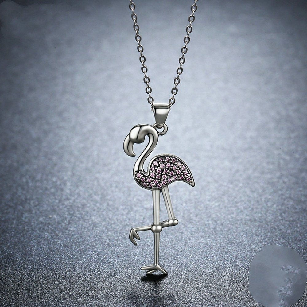 PAHALA 925 Sterling Silver Flamin Bird Shaped with Pink Crystals Clear CZ Pendant Necklace