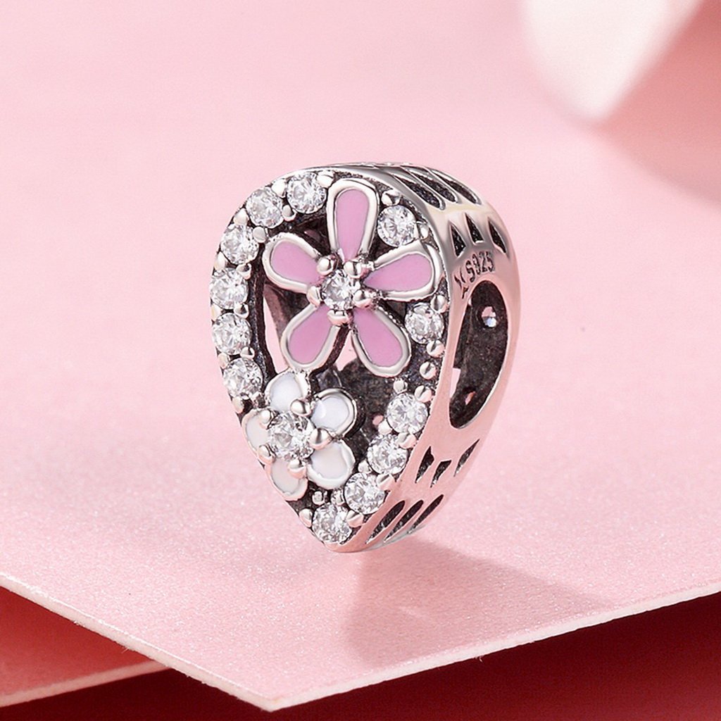 PAHALA 925 Sterling Silver Blossoming Love Daisy Flower Pink Enamel Crystals Charm Bead