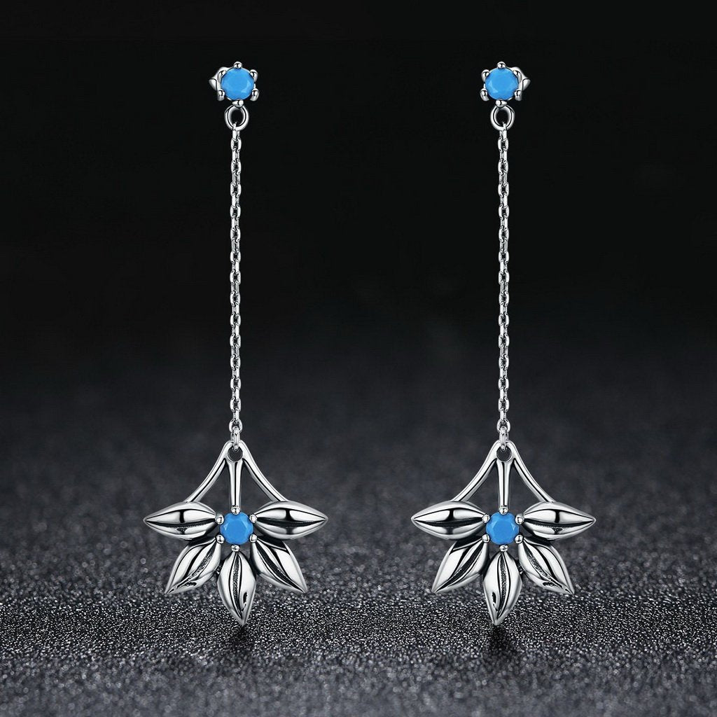 PAHALA 925 Sterling Silver Vintage Flower Blue Crystals Long Tassel Earrings