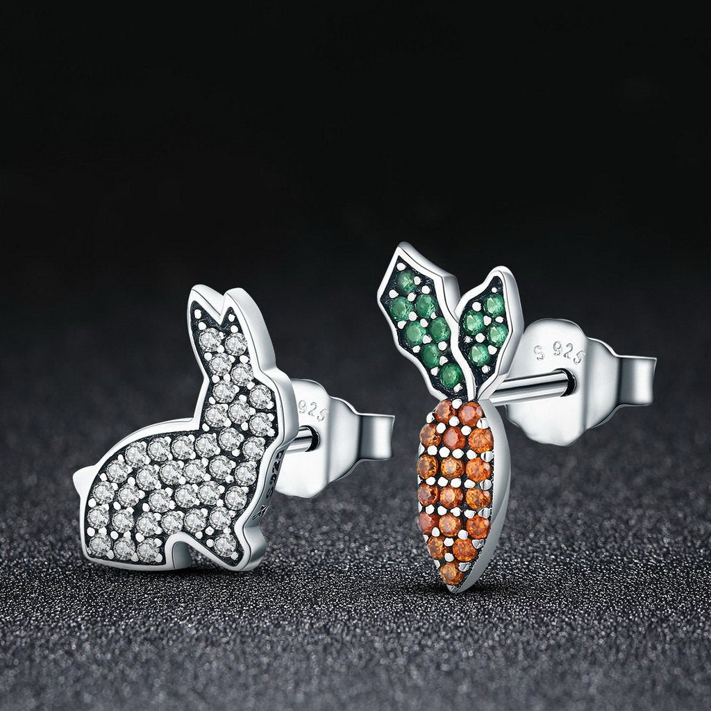PAHALA 925 Sterling Silver Cute Rabbit Carrot With Crystals Stud Earrings