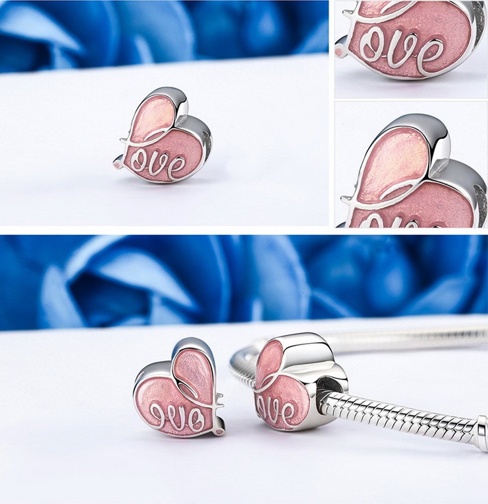 PAHALA 925 Strling Silver Fall in Love Pink Enamel Charms Fit Bracelets Necklace