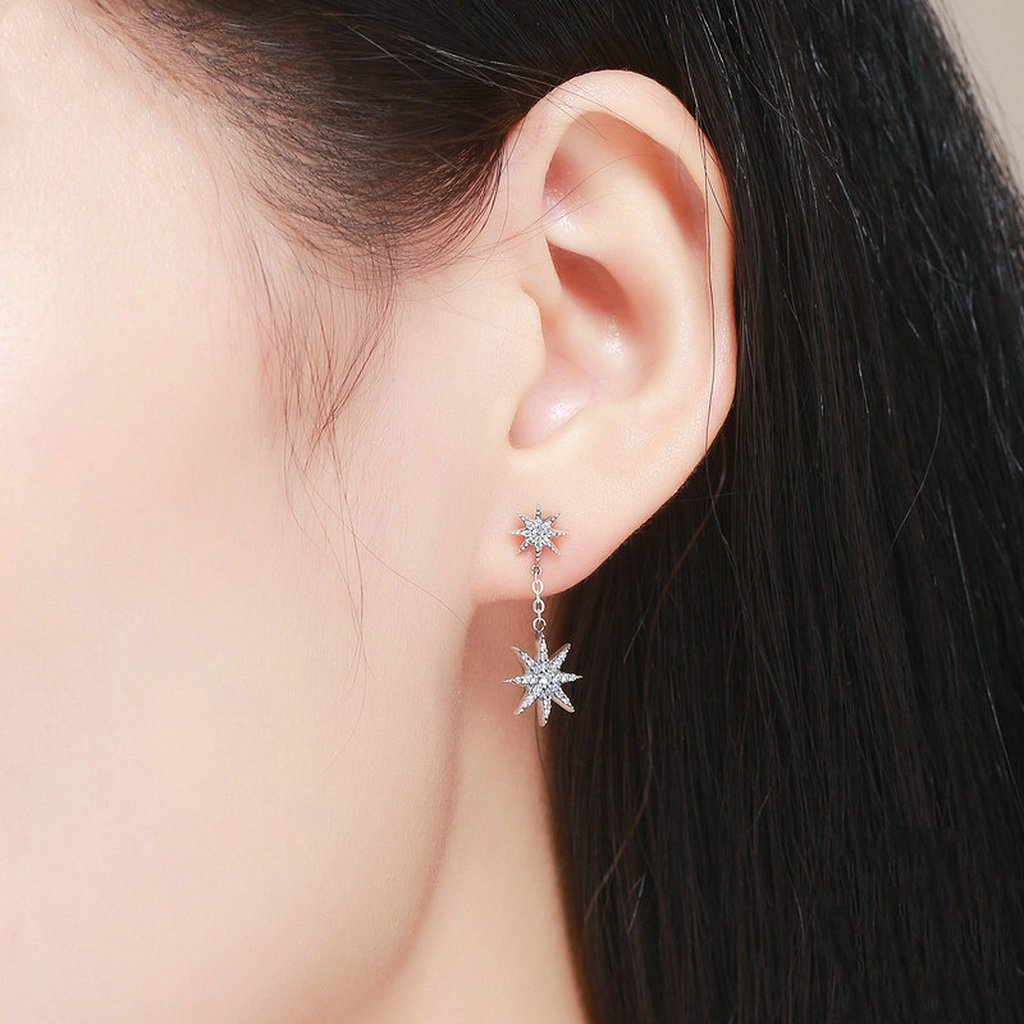 PAHALA 925 Sterling Silver Star With Crystals Party Wedding Long Drop Earrings