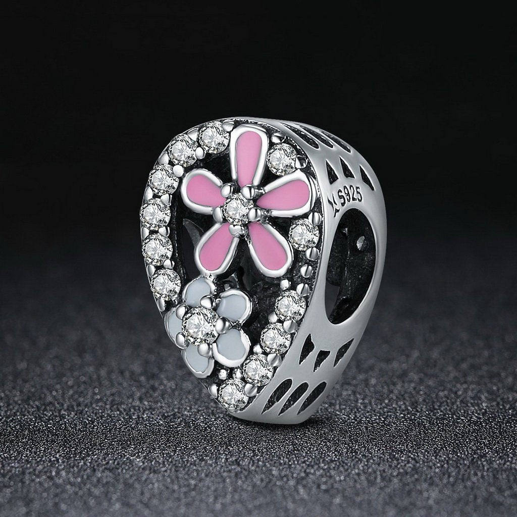 PAHALA 925 Sterling Silver Blossoming Love Daisy Flower Pink Enamel Crystals Charm Bead