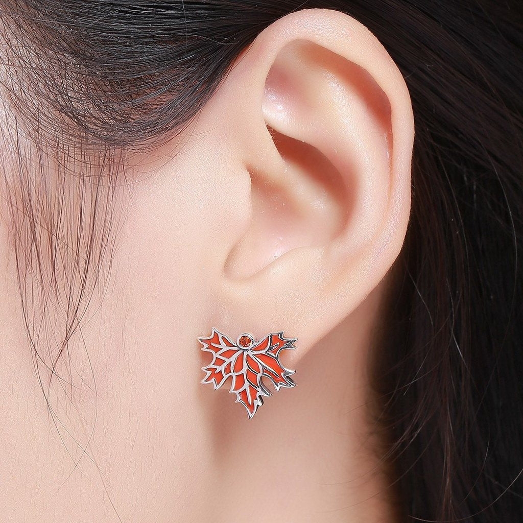PAHALA 925 Sterling Silver Red Enamel Autumn Maple Tree Stud Earrings
