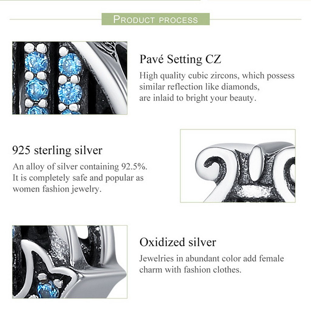PAHALA 925 Sterling Silver Elegant Harp Blue Crystals Charm Bead