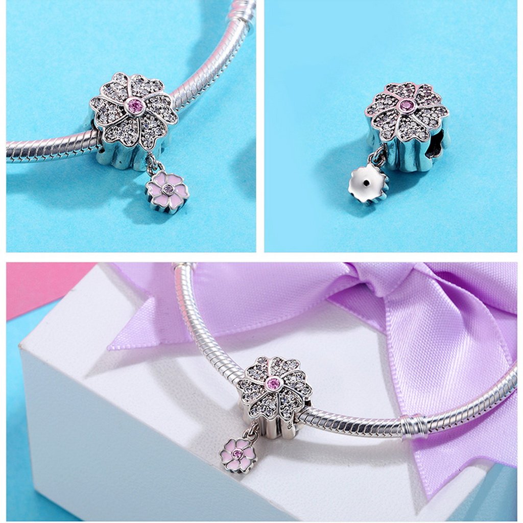 PAHALA 925 Sterling Silver Pink Enamel Blooming Flower Crystals Pendant Charm Bead