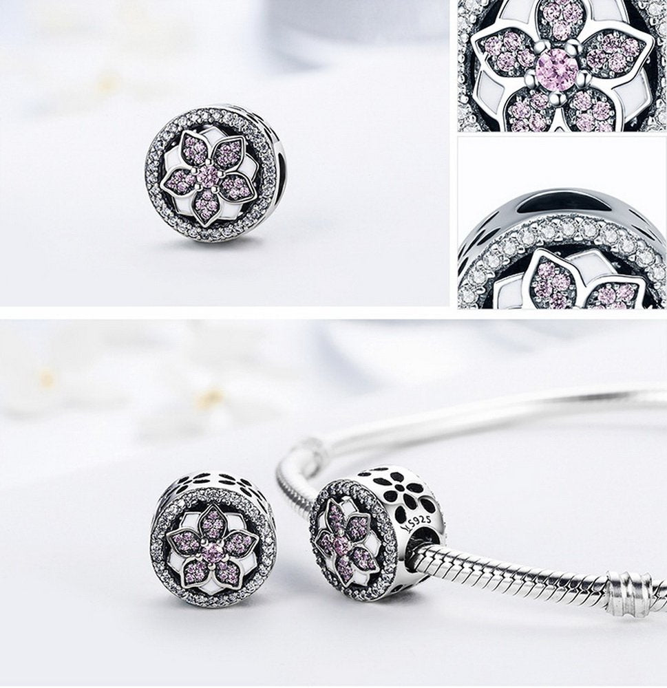 PAHALA 925 Strling Silver Bloom Round with Pink Crystals Charms Fit Bracelets Necklace