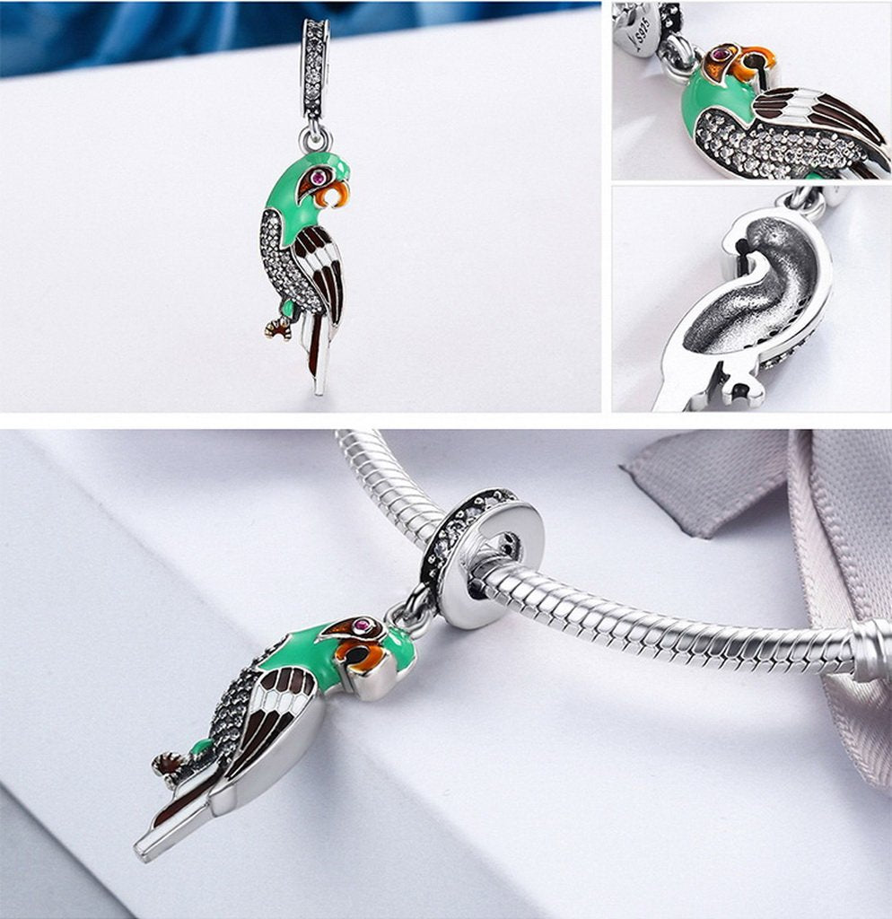 PAHALA 925 Sterling Silver Cute Parrot with Blue Enamel Crystals Charms Fit Bracelets Necklace