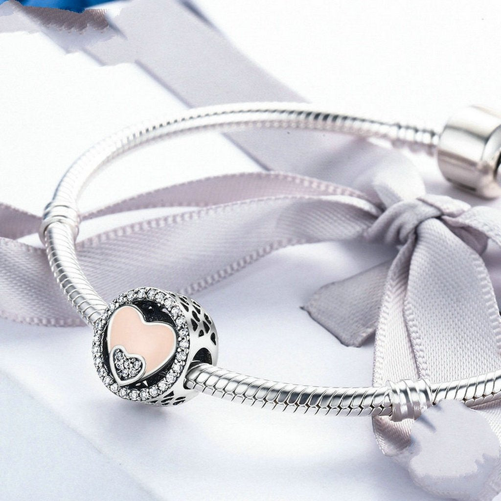 PAHALA 925 Sterling Silver Sweet Heart with Pink Enamel Crystals Charms Fit Bracelets Necklace