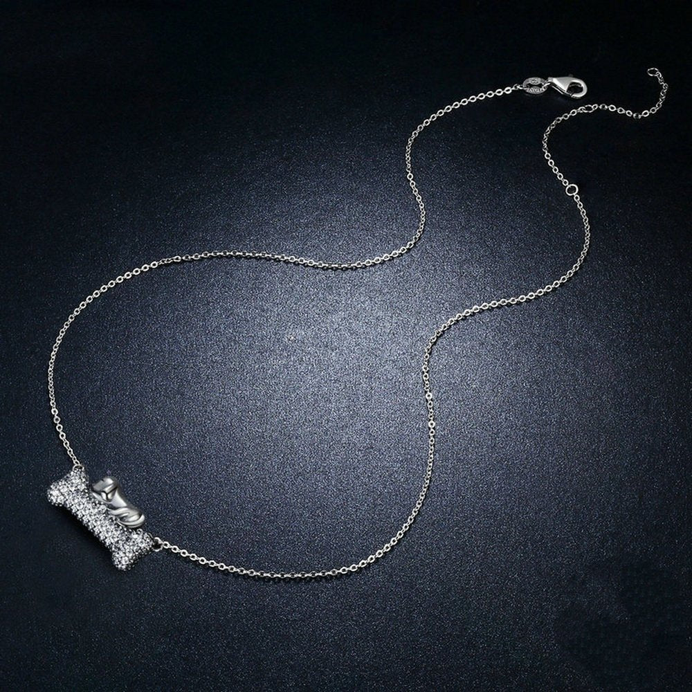 PAHALA 925 Sterling Silver Lovely Dog with Crystals Bone Clear CZ Pendant Necklace