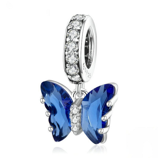 PAHALA 925 Sterling Silver Blue Crystal Murano Delicate Butterfly Pendant Charm Bead