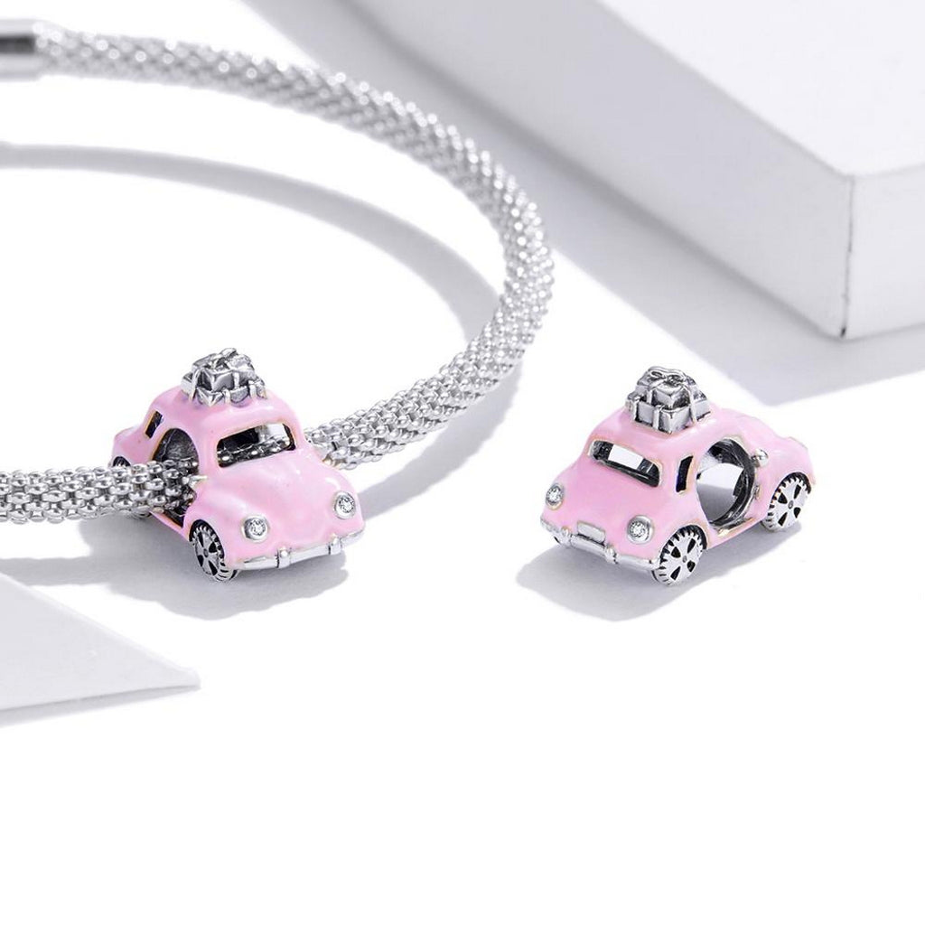 PAHALA 925 Sterling Silver Pink Car With Crystals Charm Bead