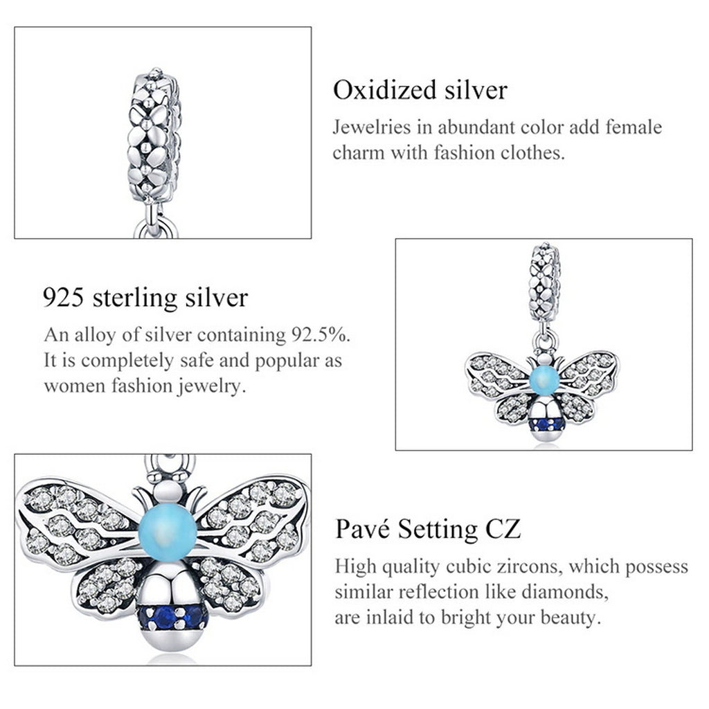 PAHALA 925 Sterling Silver Blue Enamel Bee Crystals Pendant Charm Charm Bead