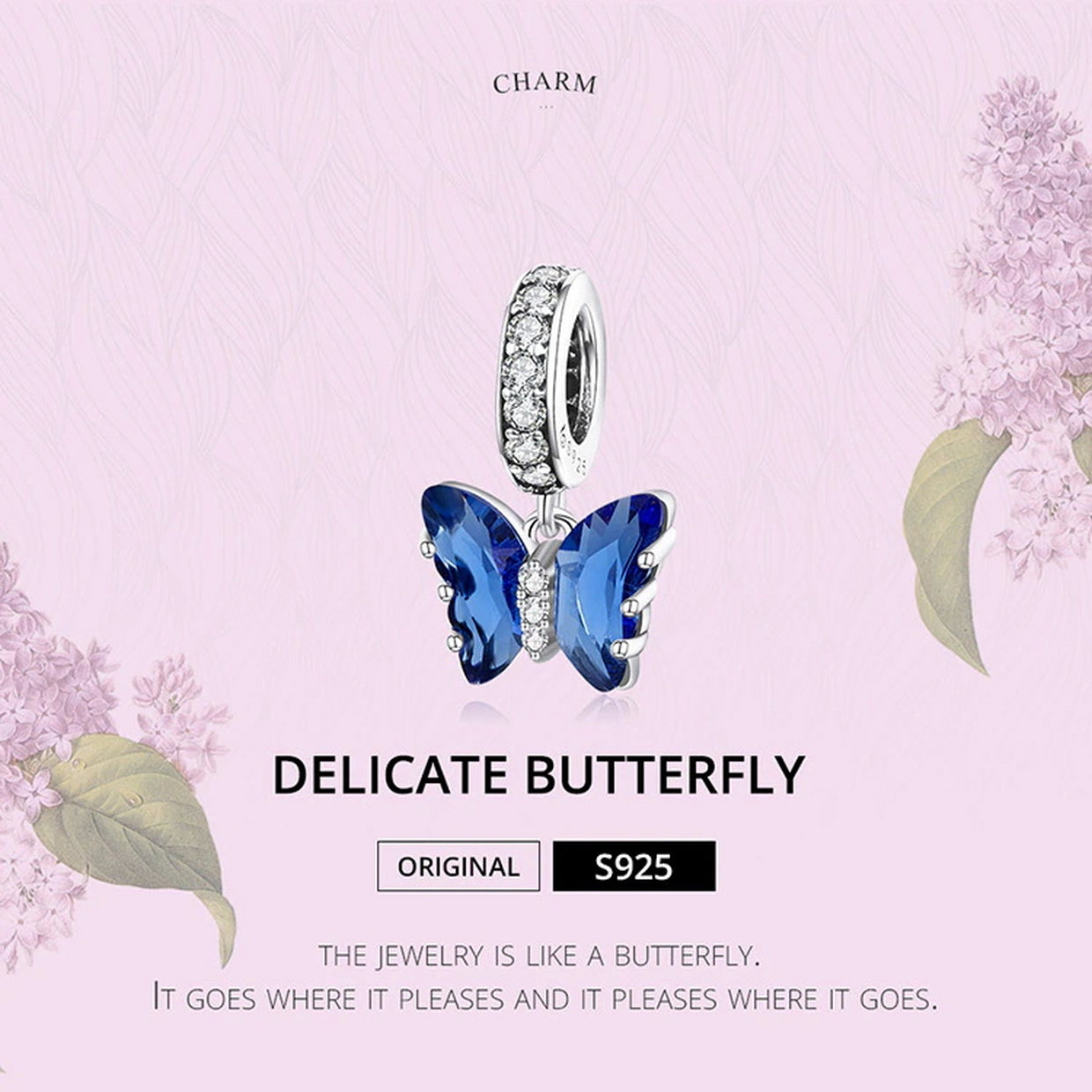 PAHALA 925 Sterling Silver Blue Crystal Murano Delicate Butterfly Pendant Charm Bead